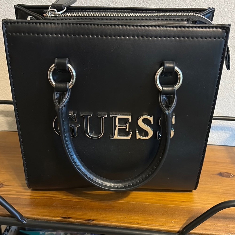 Guess Black Tote with Structured Design and Silver Hardware